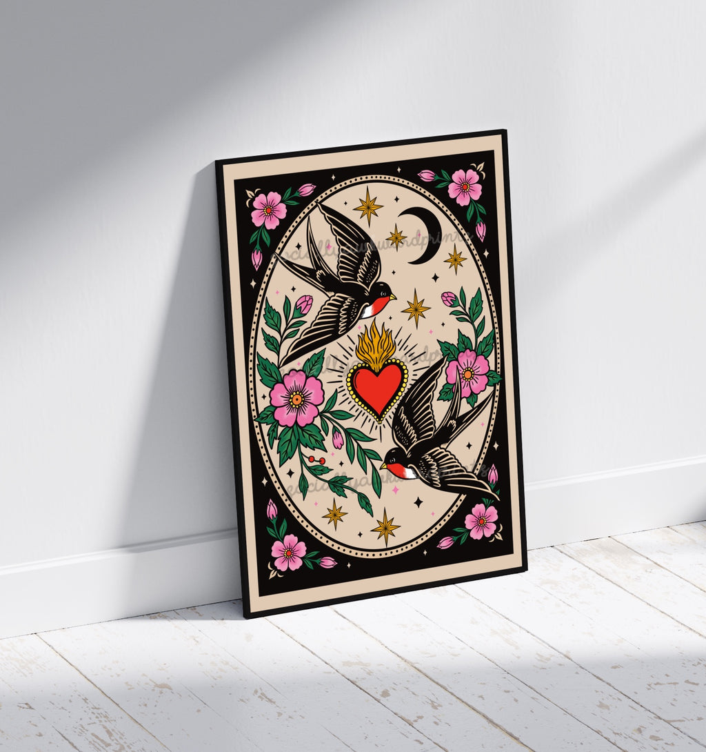 Swallow & Sacred Heart Art Print – Tattoo Style Floral Wall Art | Alternative Traditional Inspired Decor | A4 A3