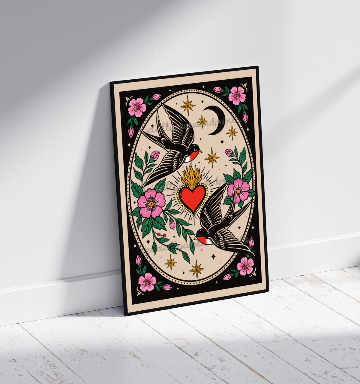 Swallow & Sacred Heart Art Print – Tattoo Style Floral Wall Art | Alternative Traditional Inspired Decor | A4 A3