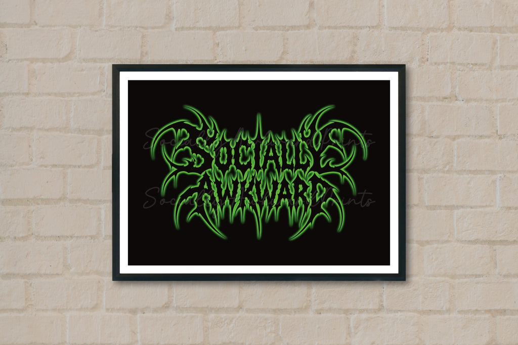 Socially Awkward Art Print – Neon Green Gothic Wall Art | Alternative Spiky Typography Decor | A4 A3