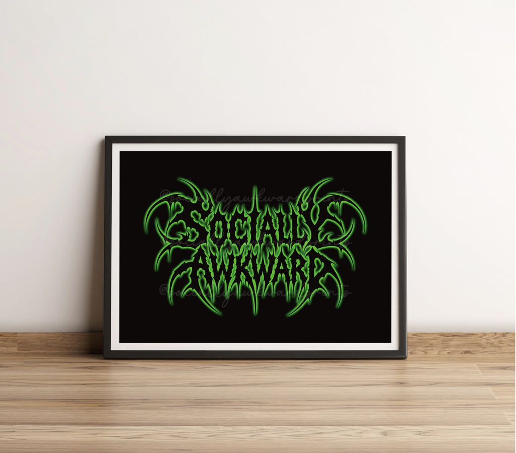 Socially Awkward Art Print – Neon Green Gothic Wall Art | Alternative Spiky Typography Decor | A4 A3