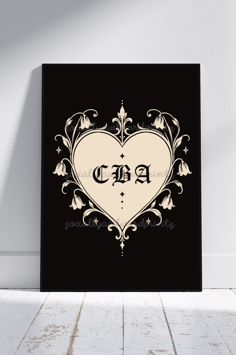 CBA Heart Art Print - Gothic Floral Wall Art | Black & White Alternative Decor | A4 A3