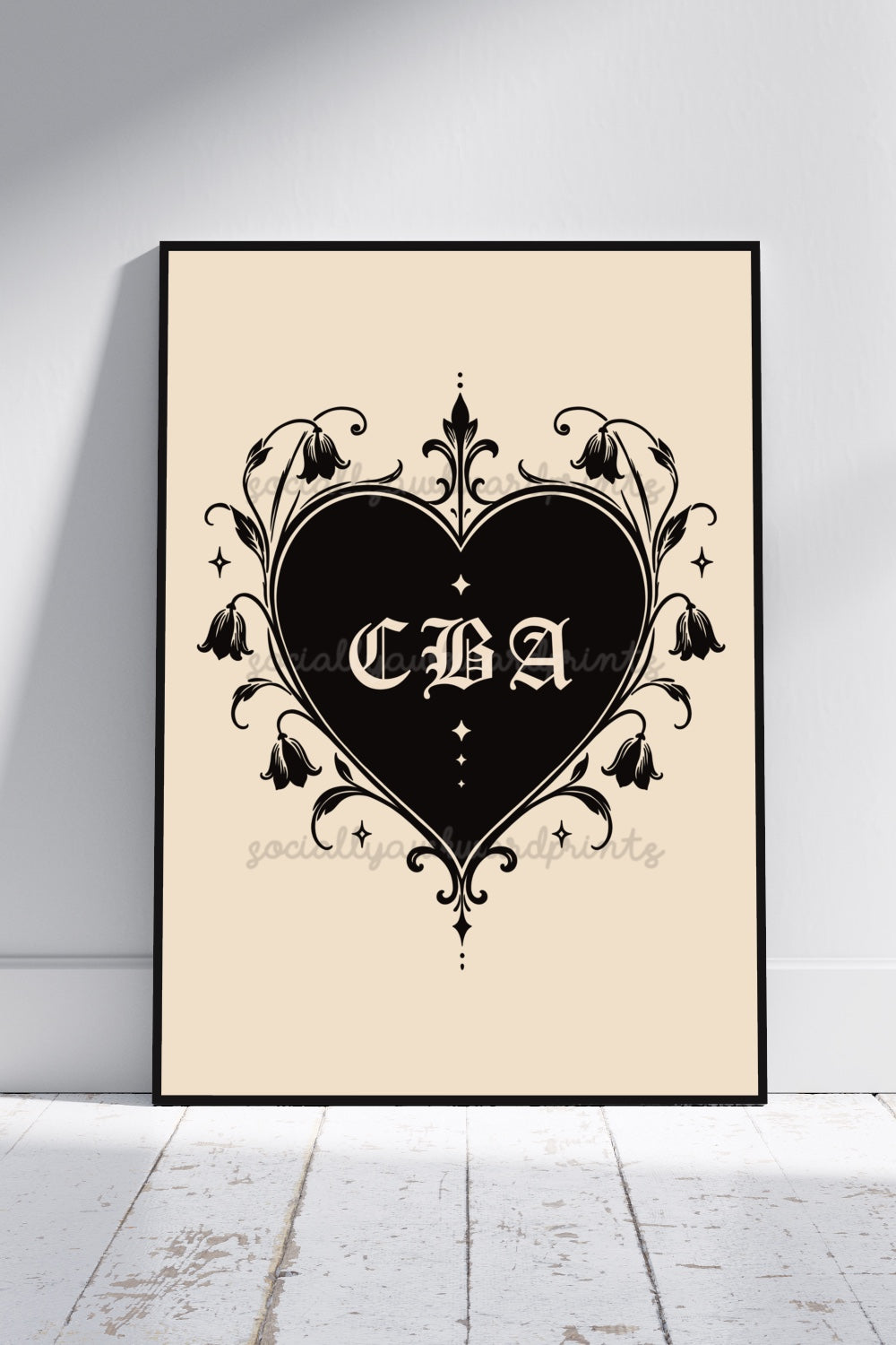 CBA Heart Art Print - Gothic Floral Wall Art | Black & White Alternative Decor | A4 A3