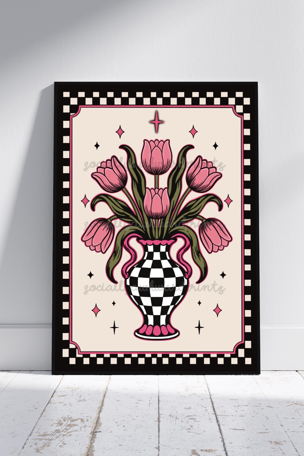 Checkerboard Vase with pink Tulips Art Print – Gothic Floral Wall Art | Alternative Home Decor | A4 A3 (Copy)