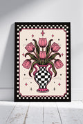Checkerboard Vase with pink Tulips Art Print – Gothic Floral Wall Art | Alternative Home Decor | A4 A3 (Copy)