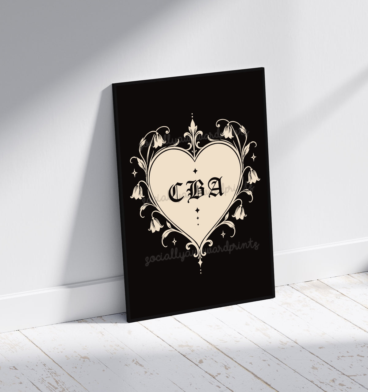 CBA Heart Art Print - Gothic Floral Wall Art | Black & White Alternative Decor | A4 A3