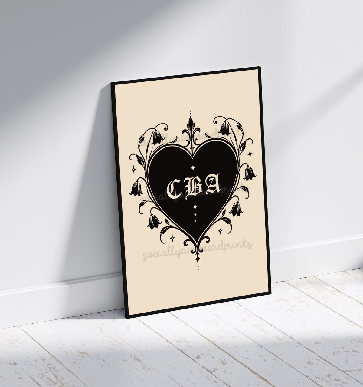CBA Heart Art Print - Gothic Floral Wall Art | Black & White Alternative Decor | A4 A3