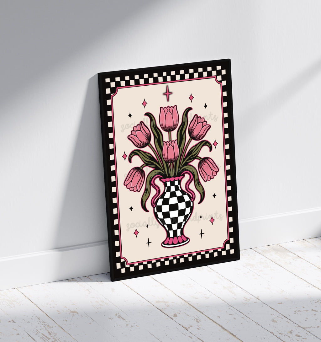 Checkerboard Vase with pink Tulips Art Print – Gothic Floral Wall Art | Alternative Home Decor | A4 A3 (Copy)