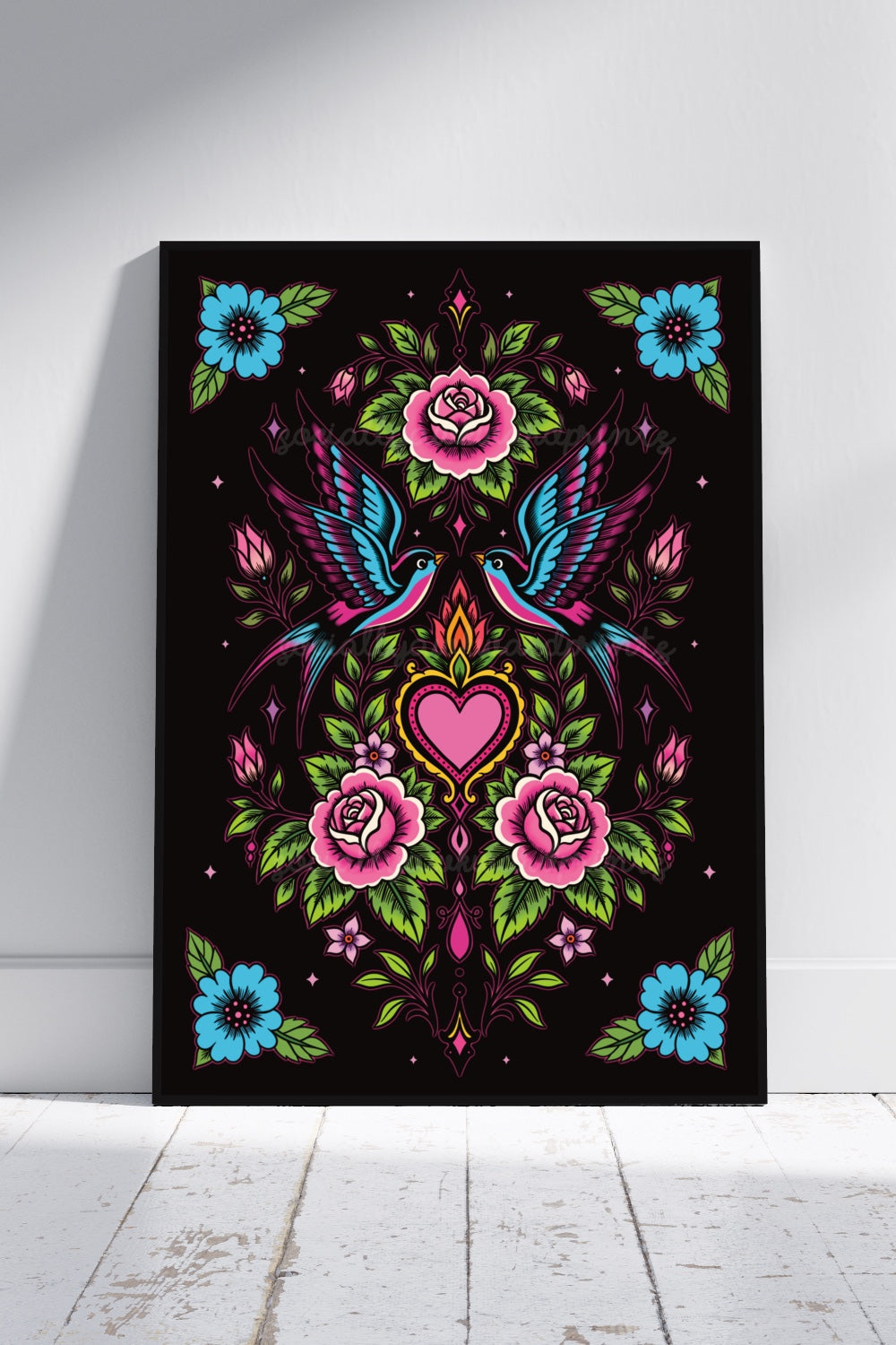 Swallows & Sacred Heart Art Print – Colourful Tattoo Style Floral Wall Art | Alternative Gothic Decor | A4 A3