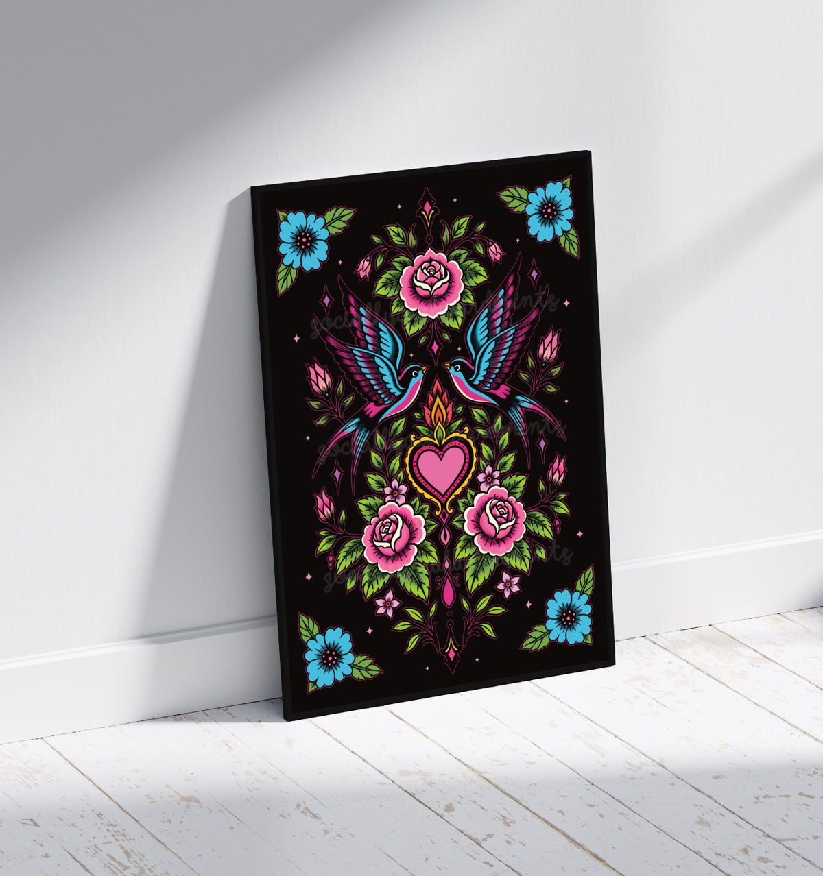 Swallows & Sacred Heart Art Print – Colourful Tattoo Style Floral Wall Art | Alternative Gothic Decor | A4 A3